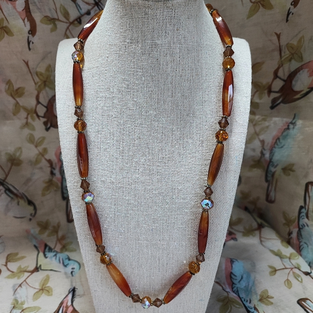 Art Glass Honey Topaz AB Brown Amber Tubes Crystal Glass Vintage Necklace